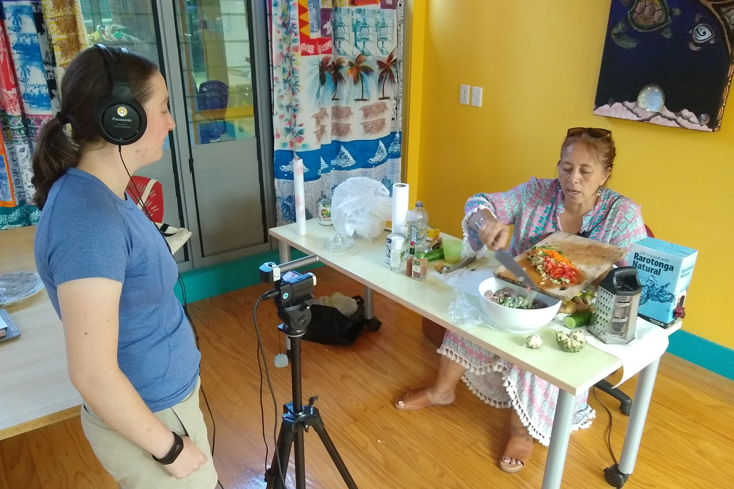 Ryan Dudak filming Jean Tekura Mason making "ika mata"