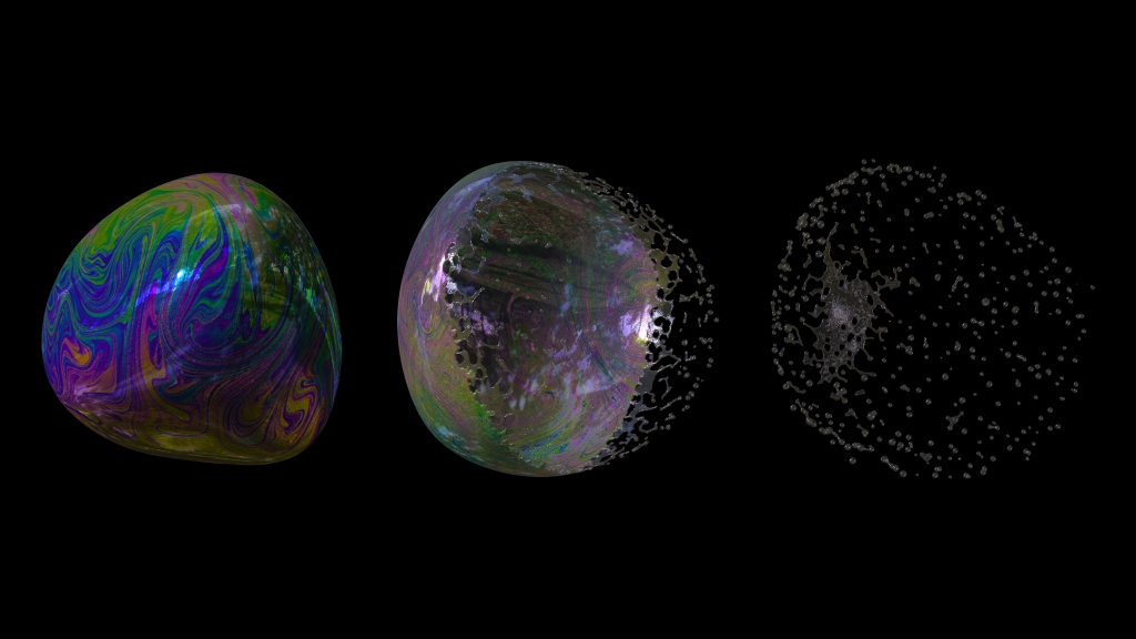 Frames from different stages of a video animation simulating a bubble bursting into droplets.