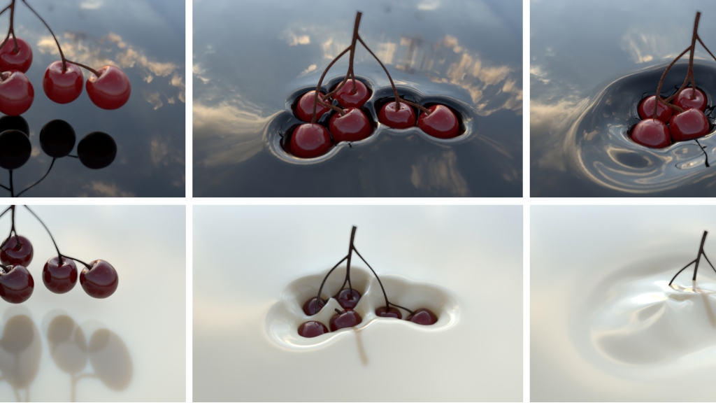 Modeled cherries falling into water and milk