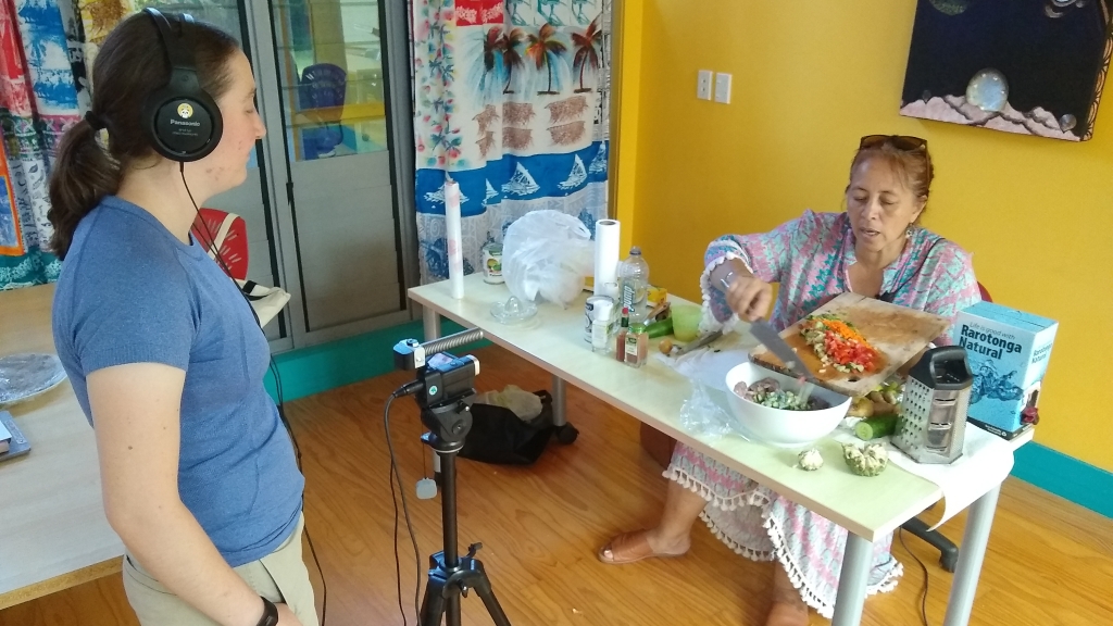 Ryan Dudak filming Jean Tekura Mason making "ika mata"