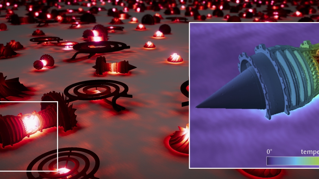 Virtual scene populated with a plane of infinite heat radiators with a complex geometry