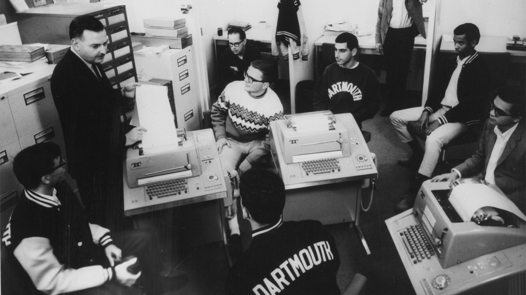 Math professor and future Dartmouth president John Kemeny teaches BASIC programming to students in the Kiewit Computation Center. 