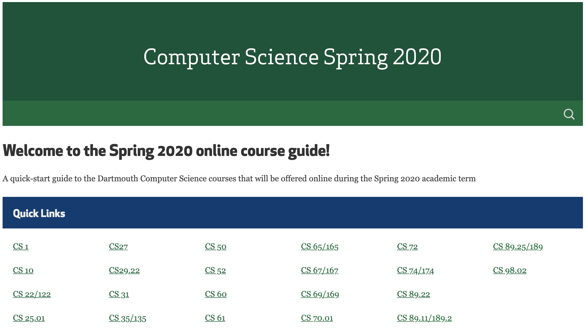 Spring 2020 CS course guide Department of Computer Science